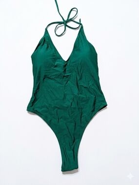 Unbranded Green One Piece Swimsuit M Halter High Cut Cheeky Monokini Padded NWOT